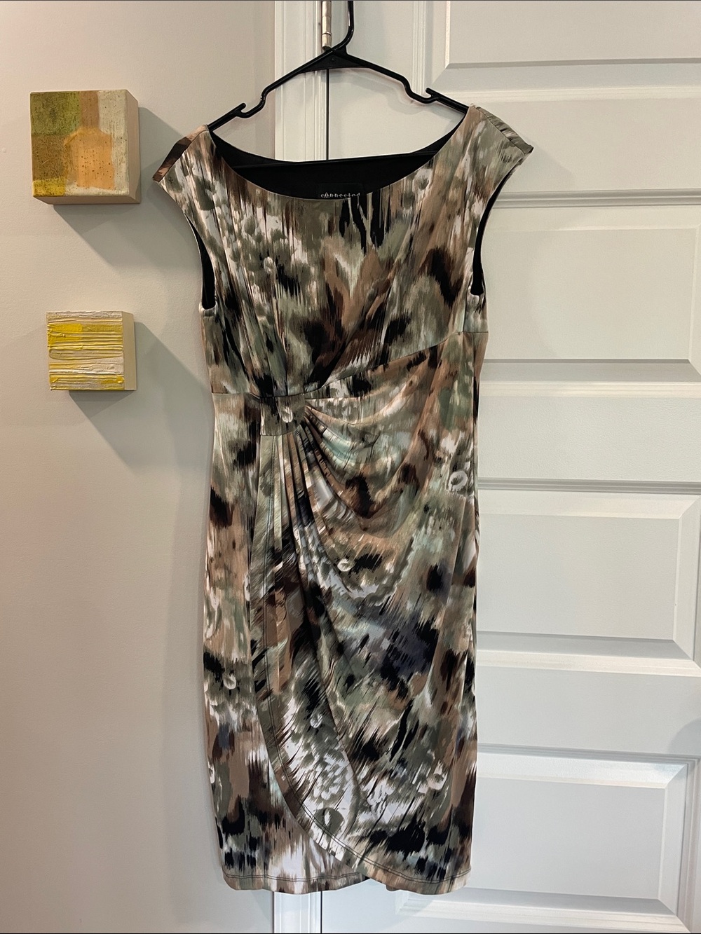 Connected apparel Olive, Brown & Black Cap-Sleeve Sheath Dress